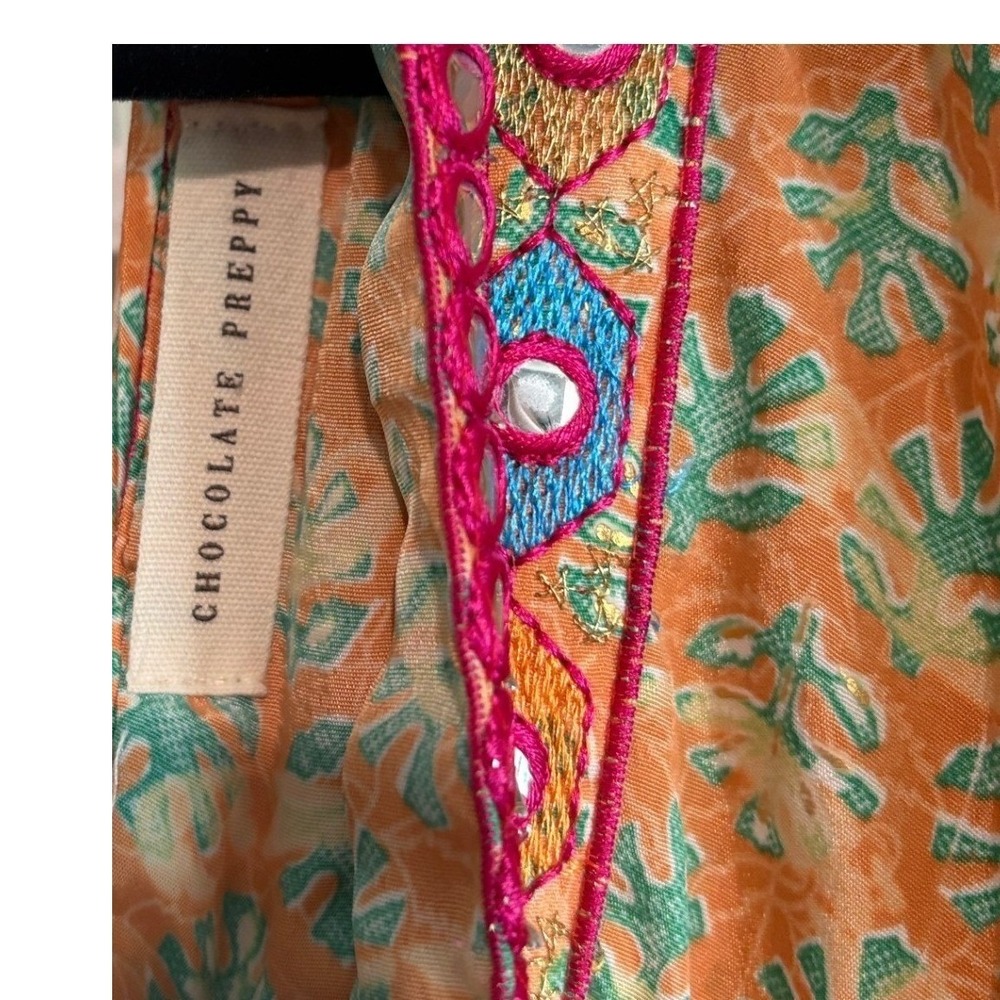 Chocolate Preppy Boho Maxi Dress Orange Green Mirror Embroidery Tassel OS - Picture 7 of 9